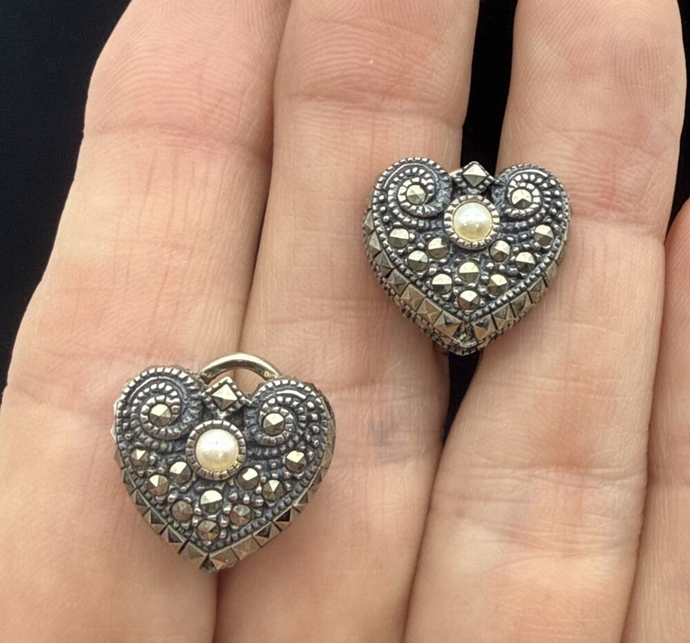 Vintage Judith Jack Sterling Silver Marcasite & faux Pearl Clip on Earrings